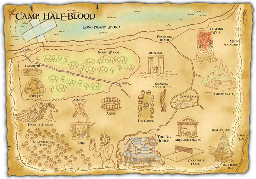 [The map of the camp, showing the climbing wall. Image credit: www.rickriordan.com]